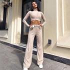 Top & Pants Set: Long Sleeve High Neck Cropped Knit Top+ Wide-leg Knit Pants