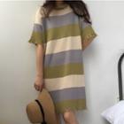 Striped Ripped Elbow-sleeve T-shirt Dress