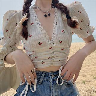 V-neck Cherry Print Drawstring Cropped Top