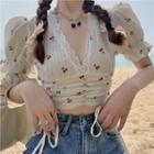 V-neck Cherry Print Drawstring Cropped Top