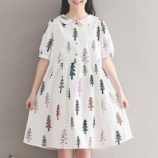 Tree Print Elbow Sleeve Shirt Dress