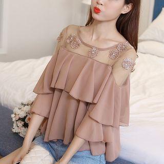 Short-sleeve / 3/4 Sleeve Mesh Panel Chiffon Top