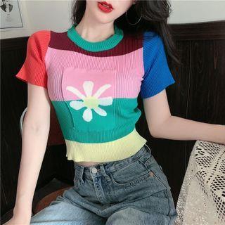 Short-sleeve Panel Floral Knit T-shirt