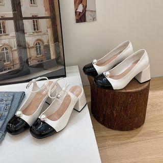 Two-tone Faux Pearl Block Heel Pumps / Ankle Strap Sandals