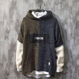 Embroidered Color Block Hooded Sweater