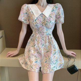 Floral Printed V-necked Puff Sleeve Dress