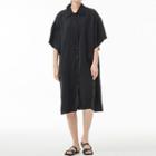 Short-sleeve Midi Shirt Dress Black - One Size