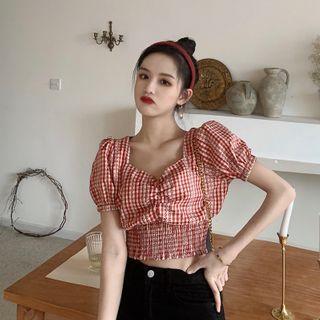 Balloon-sleeve Gingham Cropped Blouse