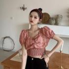 Balloon-sleeve Gingham Cropped Blouse