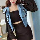 Tiered-sleeve Faux Pearl Jacket / Crop Top