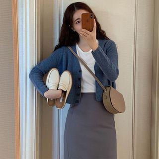 Set: Long-sleeve Buttoned Knit Top + Midi Fitted Skirt