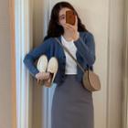 Set: Long-sleeve Buttoned Knit Top + Midi Fitted Skirt