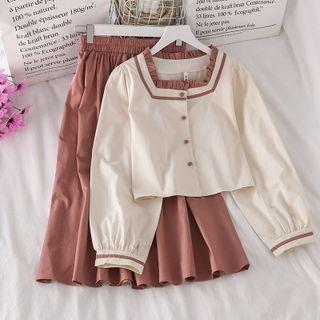 Long-sleeve Button-up Crop Top / Plain Midi Skirt
