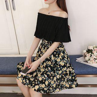 Short-sleeve Off-shoulder Mock Two Piece Dress