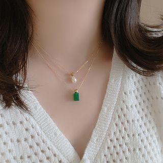 Block / Faux Pearl Pendant Stainless Steel Necklace