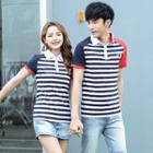 Couple Matching Striped Color Panel Short Sleeve Polo Shirt