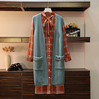 Set: Plaid Long-sleeve Midi Dress + Long Knit Vest