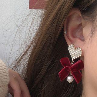 Rhinestone Heart Ribbon Faux Pearl Dangle Earring