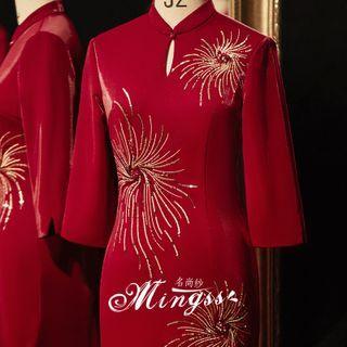 3/4-sleeve Sequined Midi Sheath Qipao Dress