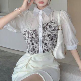 Mock Two-piece Floral Panel Blouse / Midi Pencil Skirt