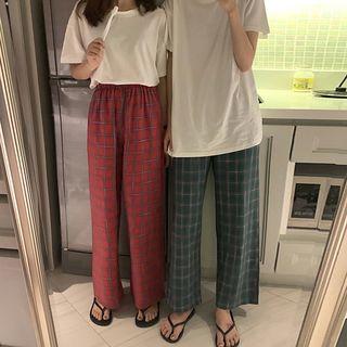 Short-sleeve Plain T-shirt / Plaid Lounge Pants