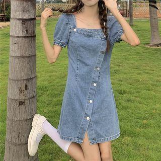Short-sleeve Square Neck Denim A-line Dress
