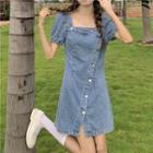 Short-sleeve Square Neck Denim A-line Dress