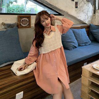 Long-sleeve Shirt Dress / Tweed Cropped Vest