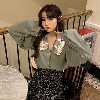 V-neck Lace-trim Chiffon Long-sleeve Blouse / Floral High-waist Skirt
