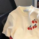 Elbow-sleeve Cherry Print Sweater Almond - One Size