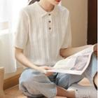 Short-sleeve Open-knit Collared Top