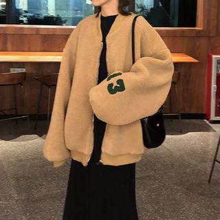 Letter Embroidered Fleece Bomber Jacket