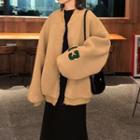 Letter Embroidered Fleece Bomber Jacket