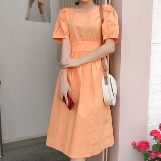 Puff-sleeve Drawstring-waist Dress Orange - One Size
