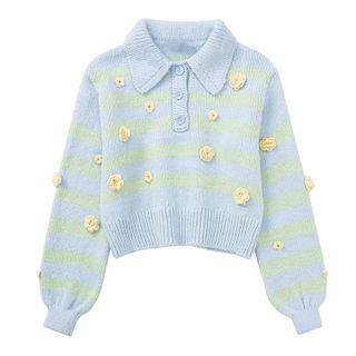 Flower Detail Striped Collared Sweater