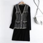 Set: A-line Knit Dress + Buttoned Tweed Vest As Shown In Figure - One Size