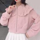 Corduroy Ruffled Cropped Zip Jacket Pink - One Size