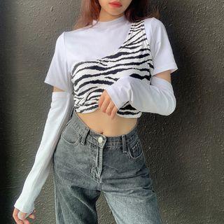 Set: Long-sleeve Cutout Cropped T-shirt + One-shoulder Zebra Print Crop Tank Top