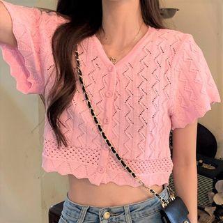 V-neck Short-sleeve Cropped Knit Cardigan