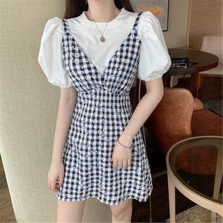 Plain Puff-sleeve Blouse / Spaghetti Strap Plaid Mini A-line Dress
