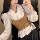 Chain Strap Knitted Crop Top / Puff-sleeve V-neck Plain Shirt