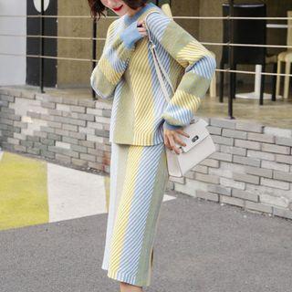 Set: Color Block Sweater + Straight Cut Midi Knit Skirt