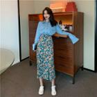 Denim Shirt / Floral High-waist Side Slit Skirt