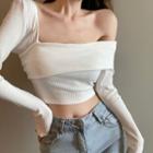 Long-sleeve One-shoulder Cropped Knit Top White - One Size