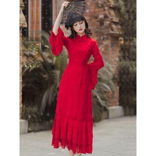 Flared-cuff Floral Embroidered Midi Qipao