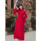 Flared-cuff Floral Embroidered Midi Qipao