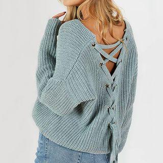 Lace Up Back Chunky Knit Sweater