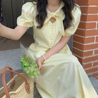 Set: Puff-sleeve Ribbon Blouse + Midi A-line Skirt