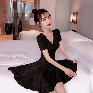 Glitter Short-sleeve Mini A-line Dress Black - S