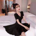 Glitter Short-sleeve Mini A-line Dress Black - S